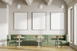 © ImageFlow - Cafeteria, dining room in university, cafe with tables and chairs, counter bar hotel. Canteen interior in school, college or office. Mock up posters copy space.