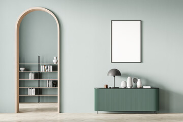 Modern mint color living room interior with arch and blank poster on wall. Light green chest of drawers and bookshelf. Parquet floor.