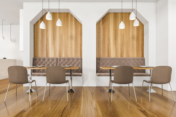 Wooden cafe interior with table and seats, public restaurant