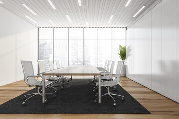 Wooden and white conference room with furniture and window