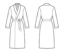 Bathrobe Dressing Gown Technical Fashion Illustration With Wrap Opening, Knee Length, Oversized, Tie, Long Sleeves. Flat Garment Apparel Front Back, White Color Style. Women, Men Unisex CAD Mockup