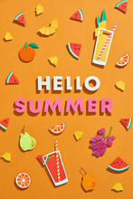 Word Hello Summer Over Tropical Paper Cut Leaves And Fruits Background.