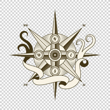 Vintage Nautical Compass. Old Design Element For Marine Theme And Heraldry On Transparent Background. Hand Drawn Wind Rose