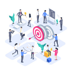 isometric vector illustration isolated on white background, people work in team next to target with arrow, business success and achievement of goals