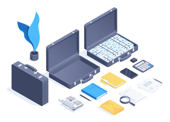 isometric vector illustration on white background, business case closed and open with money, business icons set