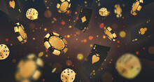 Falling Golden Poker Chips, Tokens, Dices, Playing Cards On Black With Gold Lights, Sparkles And Bokeh. Vector Illustration For Casino, Game Design, Advertising.