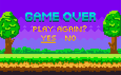 Aufkleber - Game over pixel-game background. Pixel art game scene with green grass, tall trees against lilac sky