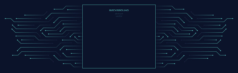 Vector abstract background on the theme of digital technology, future, cyberpunk. Dark blue background with bright blue lines computer elements. Banner template design for web, copyspace.