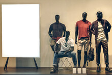 Male Mannequins Near A Stand In A Shop Window. Spring Summer Collection Men's Fashion. Shopping