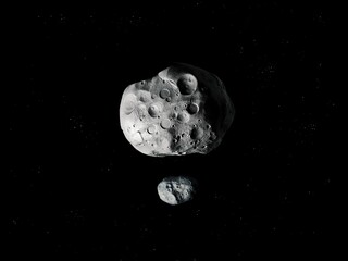 two large asteroids with craters in space, asteroid with satellite