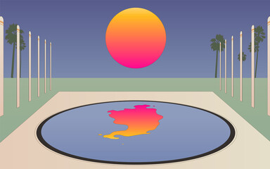 Round pool with reflect of the sun, quite and awkward landscape, vintage tropical illustration