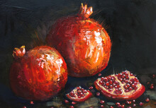 Oil Painting Red Pomegranates. Ripe Pomegranates On A Black Background. Still Life, Contemporary Art.
