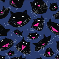 Wall Mural - Cute cats seamless pattern. Background with pets in doodle style. Vector illustration with funny  kitten in black color. 