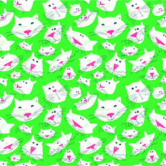 Wall Mural - Cute cats seamless pattern. Background with pets in doodle style. Vector illustration with funny  kitten in wjite and green colors. 