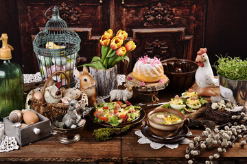 Wall Mural - Rustic style Easter table with traditional white borscht and salad