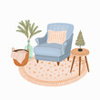 Winter and Christmas home interior vector illustration. Hand drawn armchair, table, rug, vase, cosy winter scene