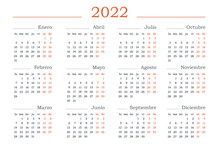 2022 Year Calendar In Spanish. Horizontal Vector Editable Template. Simple And Clean Design