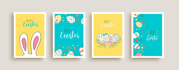 Wall Mural - Happy easter cute rabbit egg doodle card set