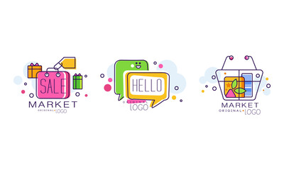 Sticker - Market Logo Design with Shopping Basket and Purchase Bag Vector Set