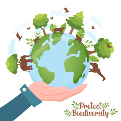 Wall Mural - Protect biodiversity hand holding green planet