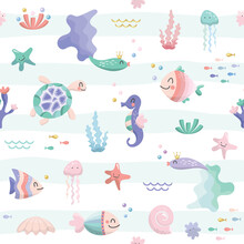 Sea Fish Characters Cartoon Seamless Background. Sealife Cute Pattern With Glitter Elements. Textile For Kids, Notebook Cover, Wrapping Paper. Vector