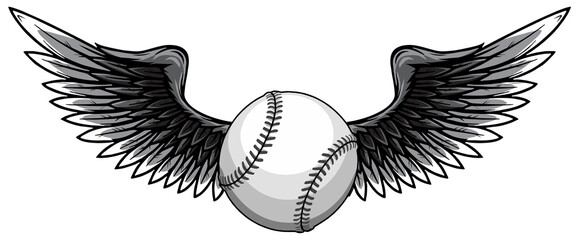 monochromatic vector illustratio of Baseball ball with wings