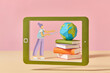 © Yaroslav Danylchenko/Stocksy - Papercraft teacher with books and globe on a screen.