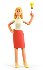 3D illustration of standing beautiful blonde woman pointing finger at bulb. Cute cartoon smiling attractive businesswoman generating new good ideas or thoughts, isolated on white.