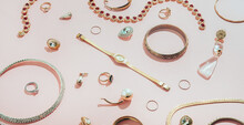 Jewellery,diamonds, Ruby, Gold, Silver Etc/ On Pink Background