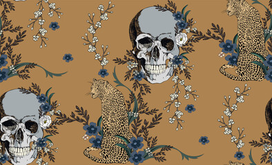 Wall Mural - Vector pattern skull, leopard and flowers.
