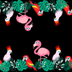  Tropical seamless pattern, funny birds, palm leafs vector illustration