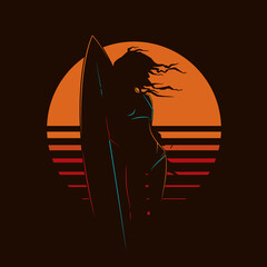 original vector vintage illustration. a girl with a surfboard on the background of the sunset. t-shi