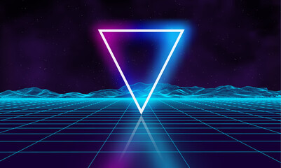 Poster - Retro futuristic background for game. Music 3d dance galaxy poster. 80s background disco. Neon triangle synthwave digital wireframe landscape with palms. Space vector.