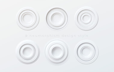 A set of white volumetric round buttons in the style of newmorphism isolated on a white background. Vector illustration