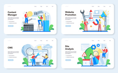 Poster - content management web banner or landing page set. idea of digital strategy
