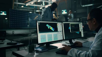 Wall Mural - Male Engineer Uses Computer while Working on Satellite Construction. Aerospace Agency: Diverse Team of Scientists Overseeing Building and Assembly of Spacecraft for Space Exploration Mission.