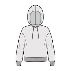 Sticker - Hoody sweatshirt technical fashion illustration with long sleeves, oversized body, knit rib cuff, banded hem, drawstring. Flat medium apparel template front, grey color. Women, men, unisex CAD mockup