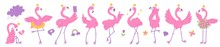 Cute Pink Flamingos Princesses With Crown On The Head And Different Emotions. African Bird Characters Cartoon Flat Illustration Isolated On White Background.