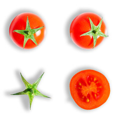 Top view of fresh ripe red cherry tomatoes isolated on white background. Flat lay composition.