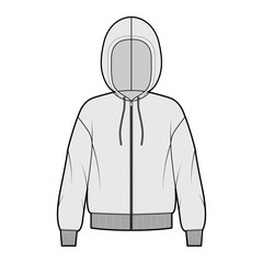 Sticker - Zip-up Hoody sweatshirt technical fashion illustration with long sleeves, oversized body, knit rib cuff, banded hem. Flat apparel template front, back, color style. Women, men, unisex CAD mockup