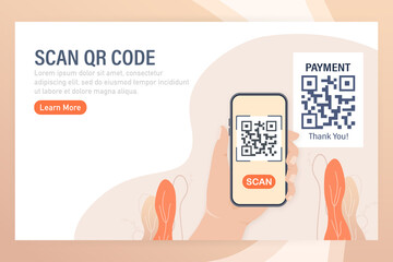 Scan qr code people, great design for any purposes. 3d vector background. Flat design. Vector character illustration.