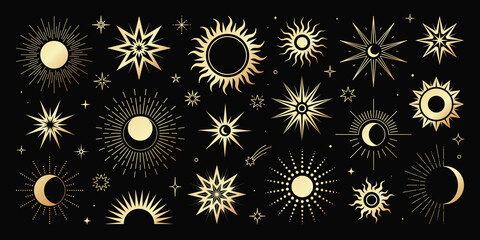 Wall Mural - vector golden set of mystical magic different sun and moon. spiritual occultism objects, trendy styl