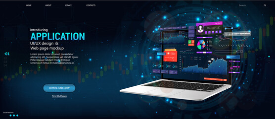 Poster - Modern web banner. Business data and investment analysis on laptop with dashboard UI interface. Website and mobile version web. Isometric banner with budget accounting or statistics concept. Vector