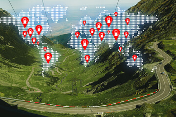 Navigation road map  fuel gas station. Digital dotted map and gas station location on mountain road background .