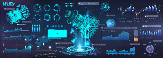 Wall Mural - Modern Business Elements UI, UX in HUD style. Futuristic User Interface GUI 3D objects, infographics, circle, graphic data and chart. Virtual touch graphic interface HUD. Vector interface set for Web