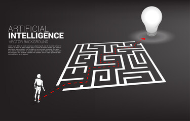 Poster - Robot standing on route path go around the maze to goal. A.I concept for problem solving and finding idea.