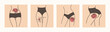© Irina Popova - Elegant slender female hips, legs and waist in various poses. Bodies with drawings or tattoos of flowers - roses, peonies. Outline vector illustration EPS 10.