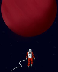 Lonely astronaut flying towards planet