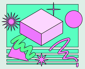 Poster - Neo-memphis abstract background with geometric shapes. Vaporwave and retrowave style.