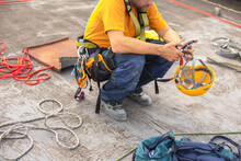 Working At Elevations. Rope Access, High-altitude Outdoor Work.